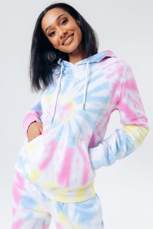 HYPE RAINBOW PASTEL TIE DYE SCRIBBLE LOGO WOMEN'S HOODIE