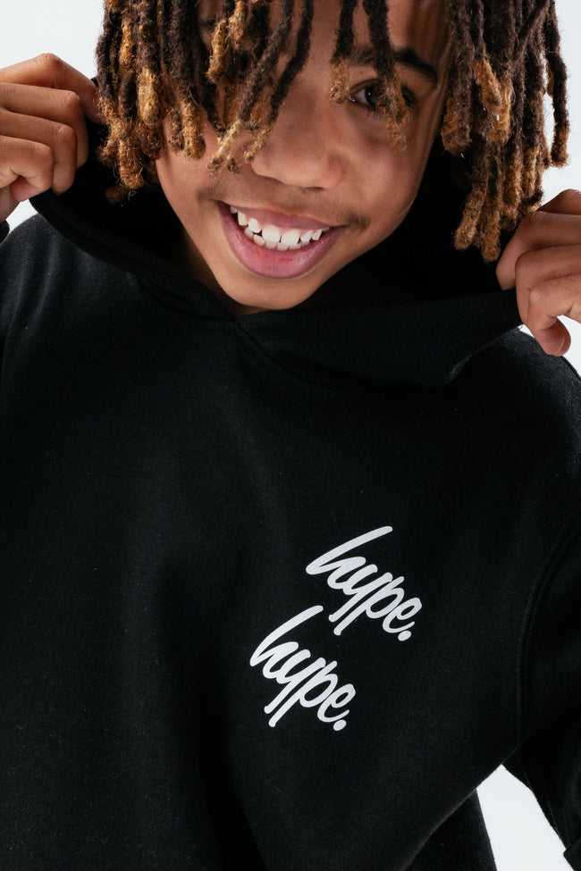 HYPE BLACK DOUBLE LOGO SCRIPT BOYS PULLOVER HOODIE TRACKSUIT SET