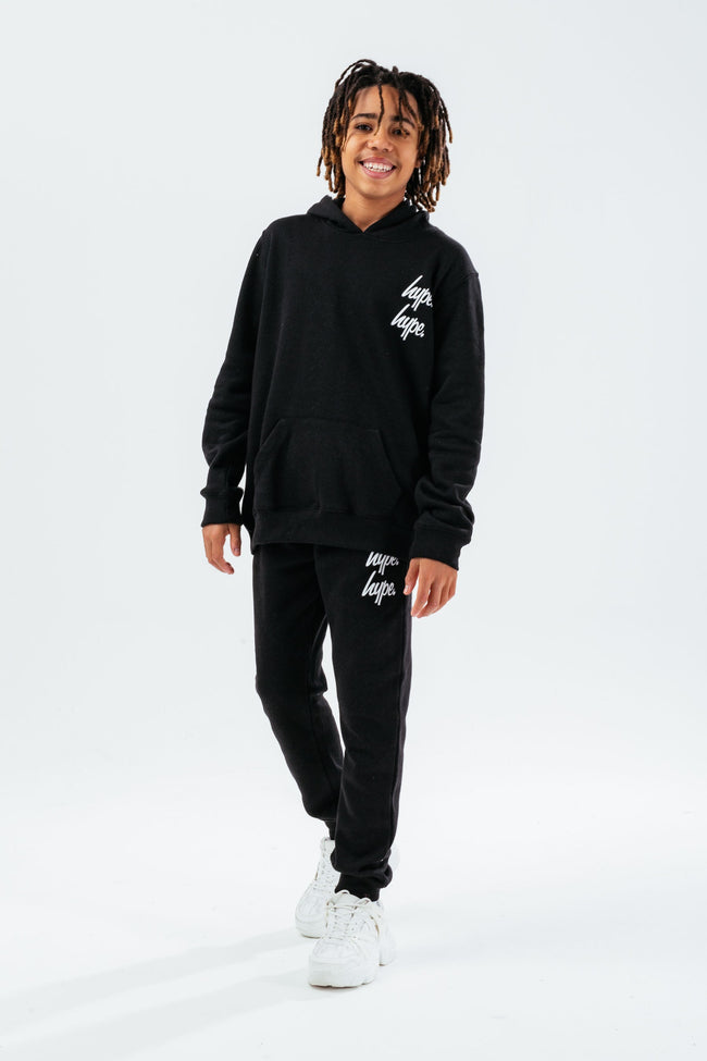 HYPE BLACK DOUBLE LOGO SCRIPT BOYS PULLOVER HOODIE TRACKSUIT SET