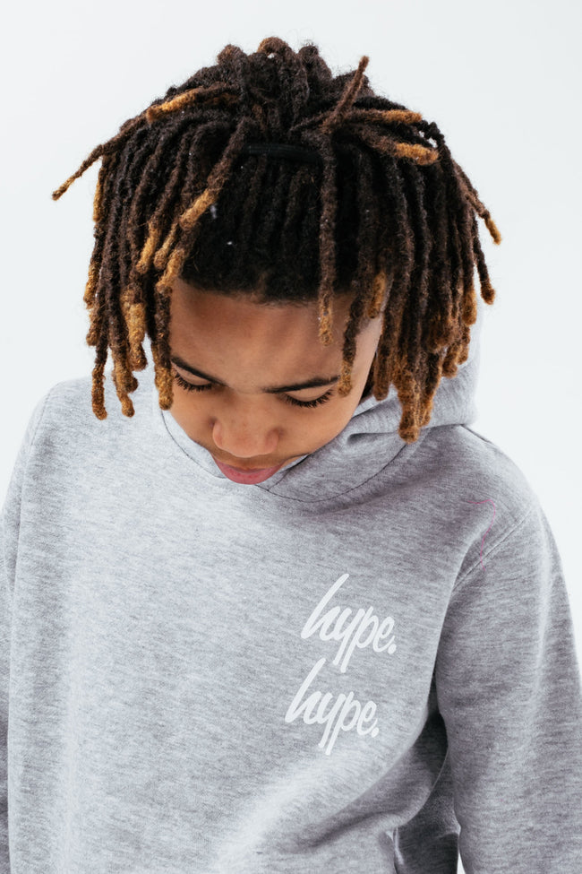 HYPE GREY DOUBLE LOGO SCRIPT BOYS PULLOVER HOODIE TRACKSUIT SET