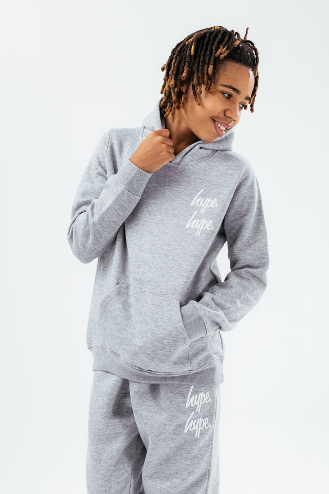 HYPE GREY DOUBLE LOGO SCRIPT BOYS PULLOVER HOODIE TRACKSUIT SET