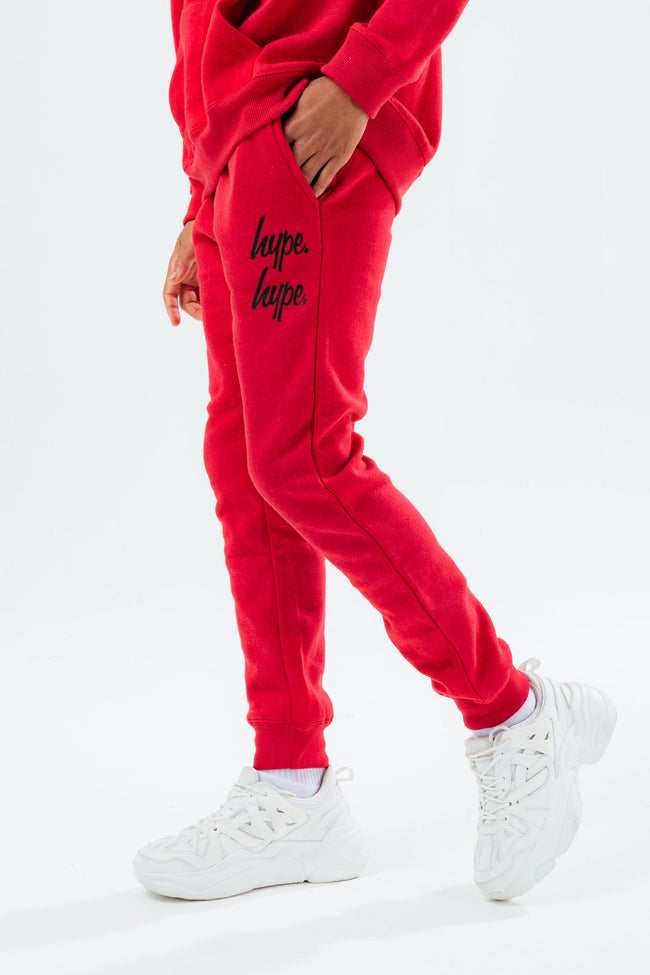 HYPE RED DOUBLE LOGO SCRIPT KIDS PULLOVER HOODIE TRACKSUIT SET