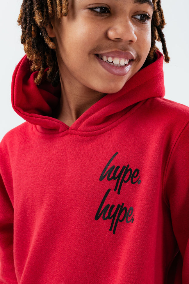 HYPE RED DOUBLE LOGO SCRIPT KIDS PULLOVER HOODIE TRACKSUIT SET