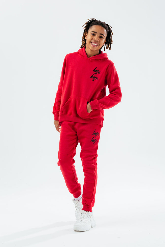 HYPE RED DOUBLE LOGO SCRIPT KIDS PULLOVER HOODIE TRACKSUIT SET