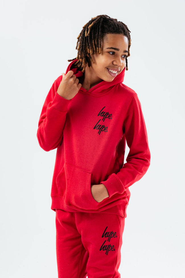 HYPE RED DOUBLE LOGO SCRIPT KIDS PULLOVER HOODIE TRACKSUIT SET