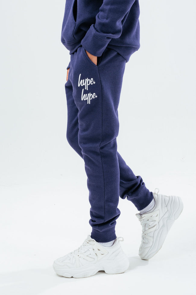 HYPE NAVY DOUBLE LOGO SCRIPT BOYS PULLOVER HOODIE TRACKSUIT SET