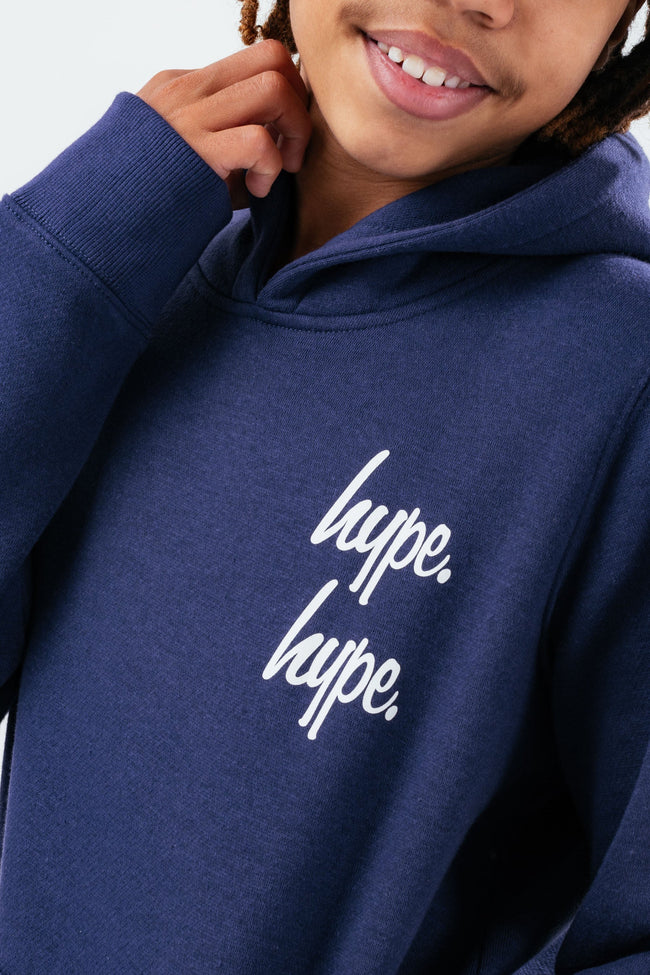 HYPE NAVY DOUBLE LOGO SCRIPT BOYS PULLOVER HOODIE TRACKSUIT SET