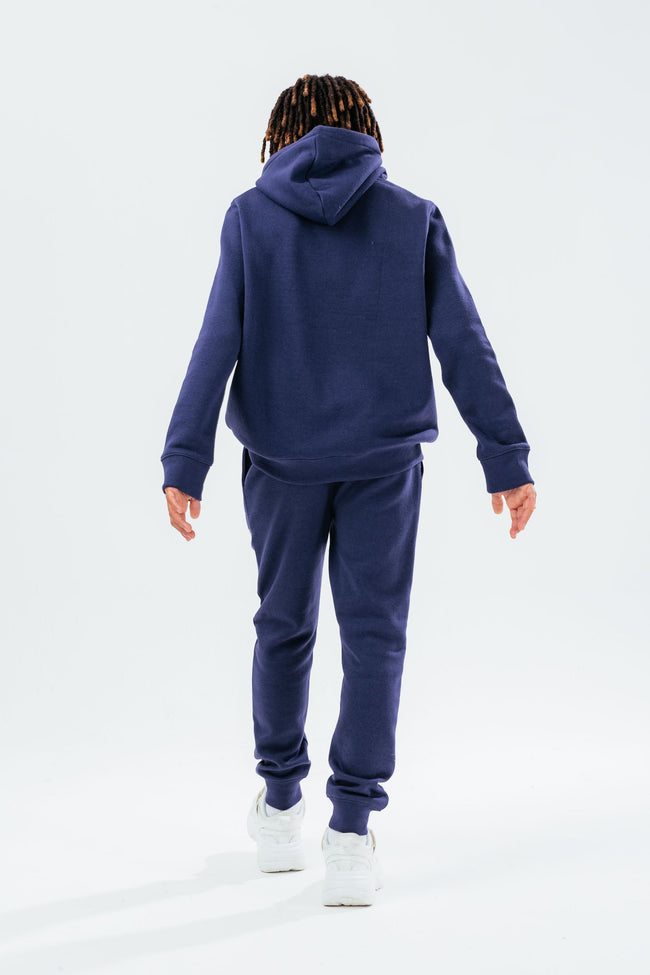 HYPE NAVY DOUBLE LOGO SCRIPT BOYS PULLOVER HOODIE TRACKSUIT SET