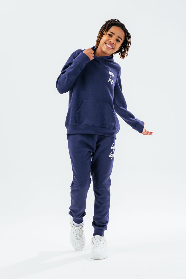 HYPE NAVY DOUBLE LOGO SCRIPT BOYS PULLOVER HOODIE TRACKSUIT SET