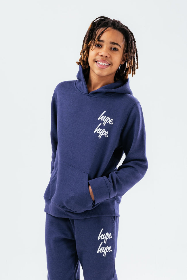 HYPE NAVY DOUBLE LOGO SCRIPT BOYS PULLOVER HOODIE TRACKSUIT SET