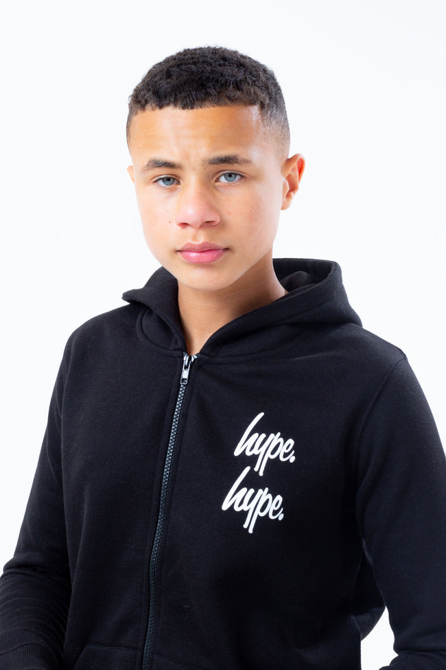 HYPE BLACK DOUBLE LOGO SCRIPT BOYS ZIP HOODIE TRACKSUIT SET