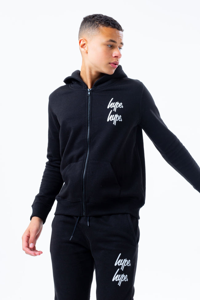 HYPE BLACK DOUBLE LOGO SCRIPT BOYS ZIP HOODIE TRACKSUIT SET