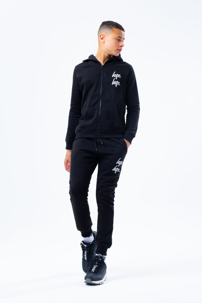 HYPE BLACK DOUBLE LOGO SCRIPT BOYS ZIP HOODIE TRACKSUIT SET