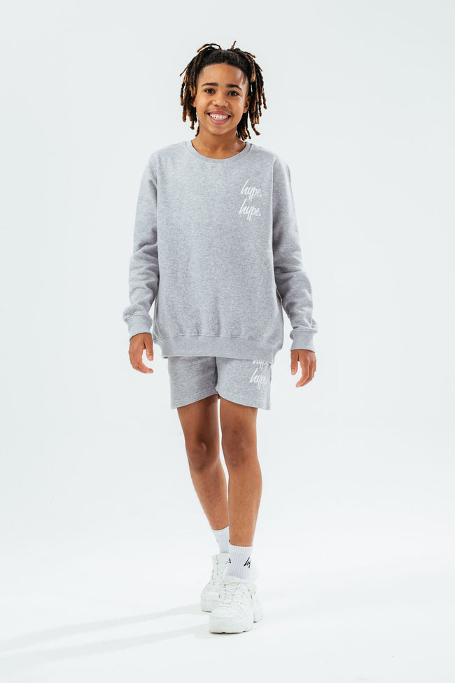 HYPE GREY DOUBLE LOGO SCRIPT BOYS SWEATER AND SHORTS SET