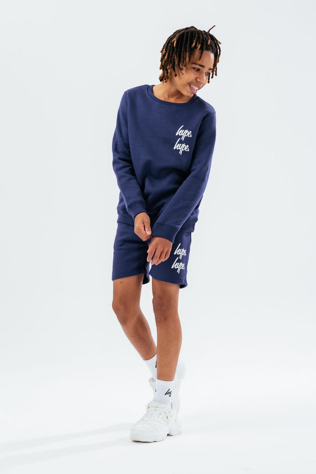 HYPE NAVY DOUBLE LOGO SCRIPT BOYS SWEATER AND SHORTS SET