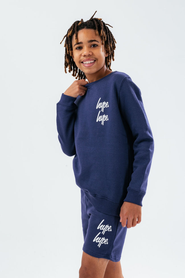 HYPE NAVY DOUBLE LOGO SCRIPT BOYS SWEATER AND SHORTS SET