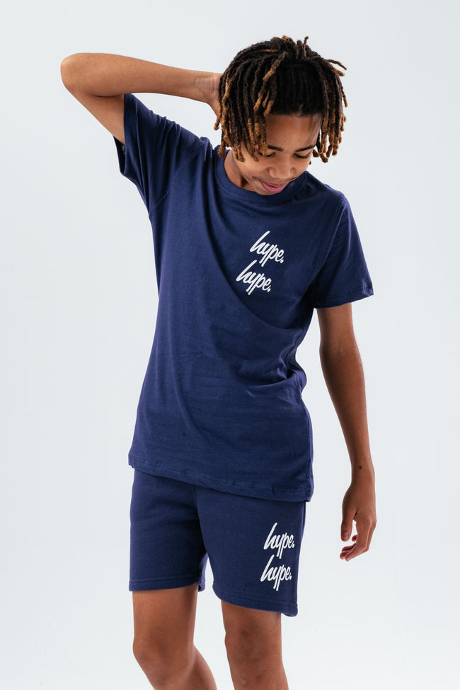 HYPE NAVY DOUBLE LOGO SCRIPT BOYS T-SHIRT