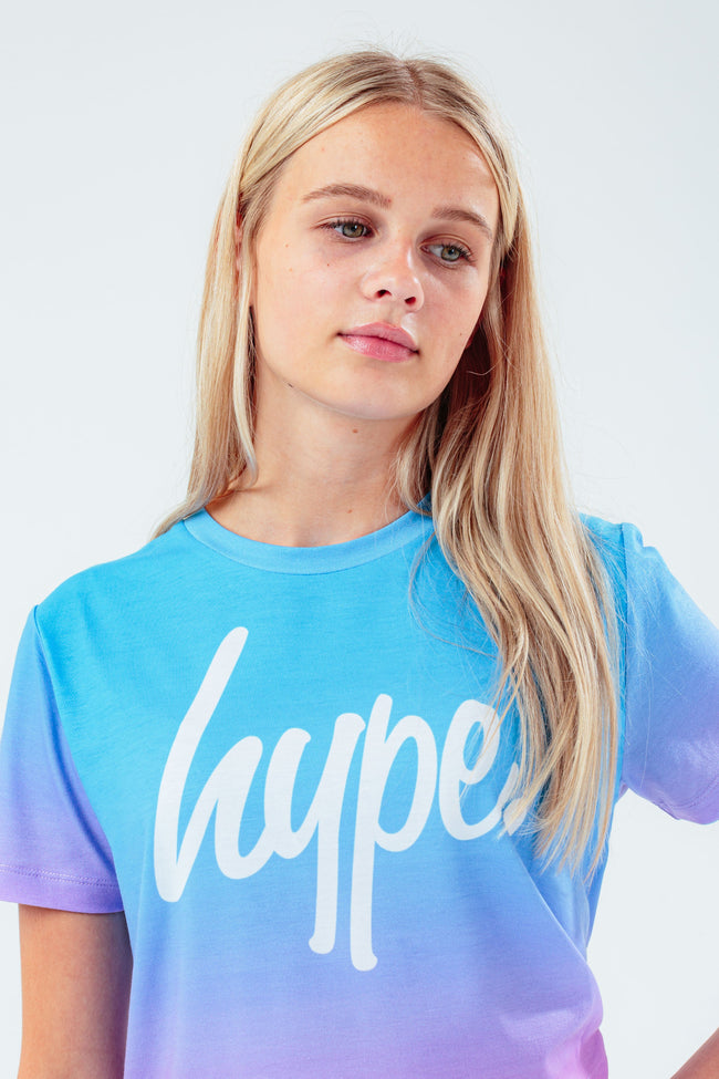 HYPE BLUE & PINK FADE KIDS CROP T-SHIRT