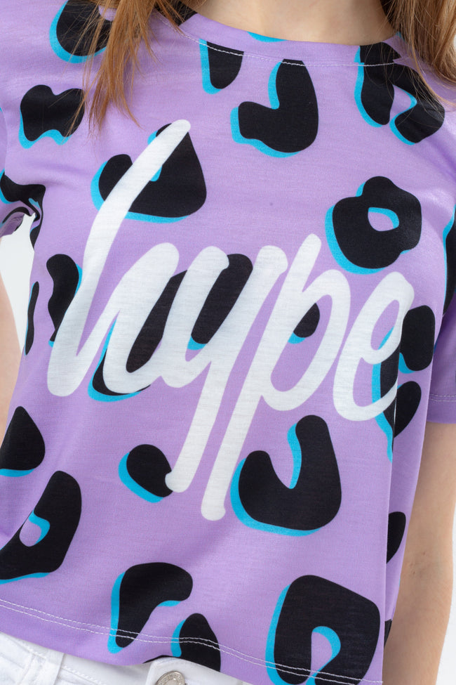 HYPE LILAC LEOPARD ANIMAL GIRLS CROP T-SHIRT