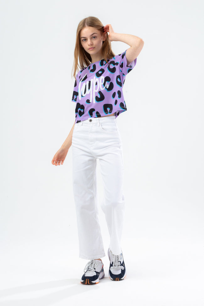 HYPE LILAC LEOPARD ANIMAL GIRLS CROP T-SHIRT