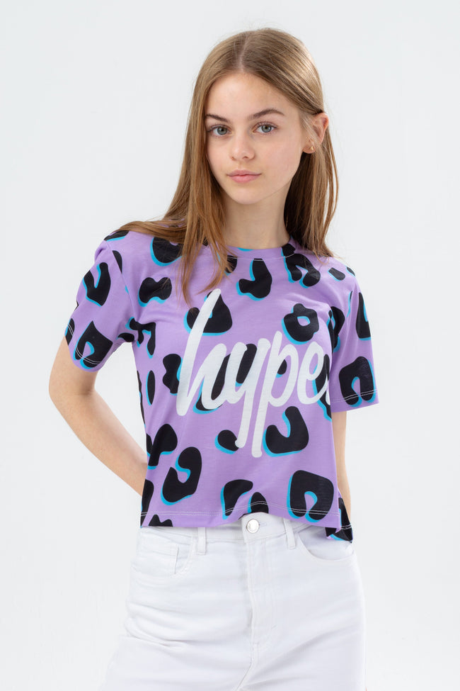 HYPE LILAC LEOPARD ANIMAL GIRLS CROP T-SHIRT