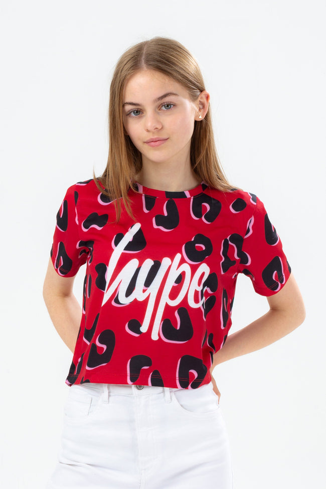 HYPE RED LEOPARD ANIMAL GIRLS CROP T-SHIRT