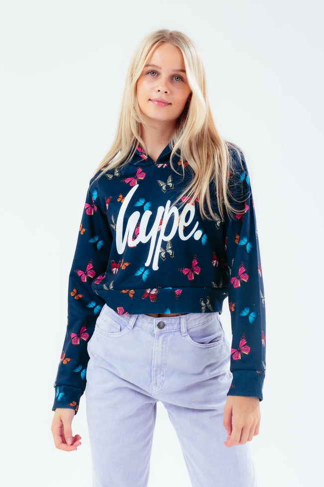 HYPE BLACK BUTTERFLIES GIRLS CROP PULLOVER HOODIE