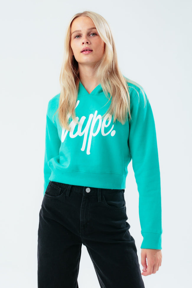 HYPE GREEN LOGO GIRLS CROP PULLOVER HOODIE