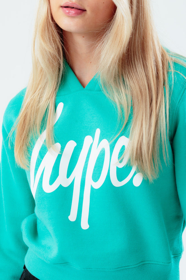 HYPE GREEN LOGO GIRLS CROP PULLOVER HOODIE