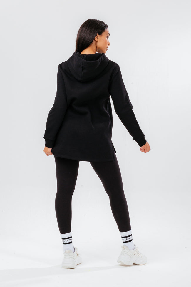 HYPE BLACK LONG LINE SIDE SPLIT BRANDED DRAWSTRING WOMEN'S HOODIE