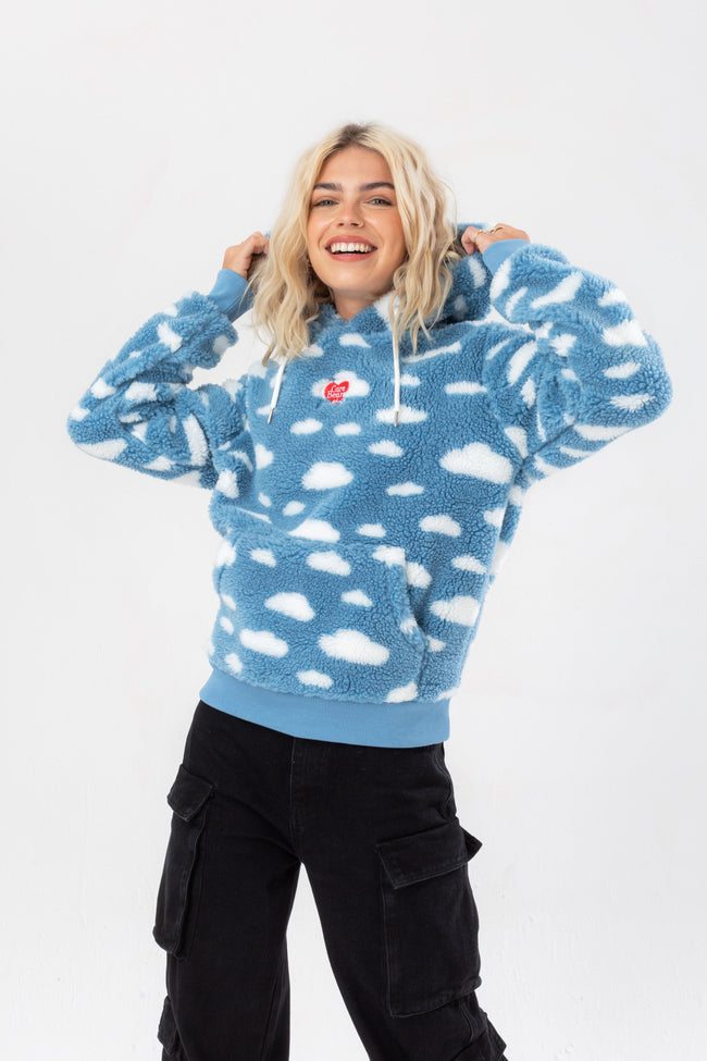 HYPE X CARE BEARS WOMENS BLUE CLOUD SHERPA SCRIBBLE HOODIE