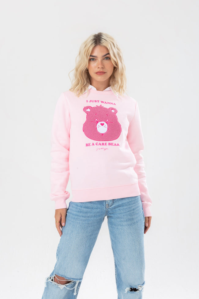 HYPE X CARE BEARS WOMENS PINK APPLIQUE SCRIBBLE CREW NECK