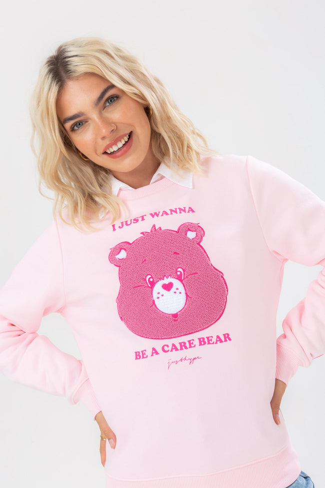 HYPE X CARE BEARS WOMENS PINK APPLIQUE SCRIBBLE CREW NECK