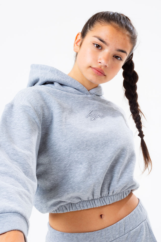 HYPE GREY ELASTICATED WAIST GIRLS CROP PULLOVER HOODIE