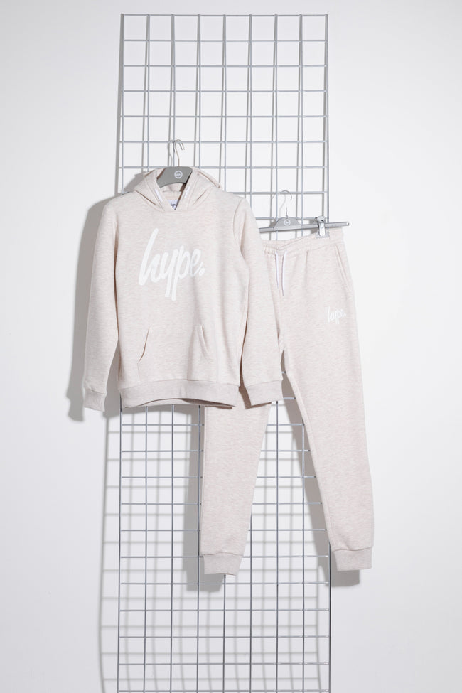 Hype Beige With White Script Kids Hoodie & Jogger Set