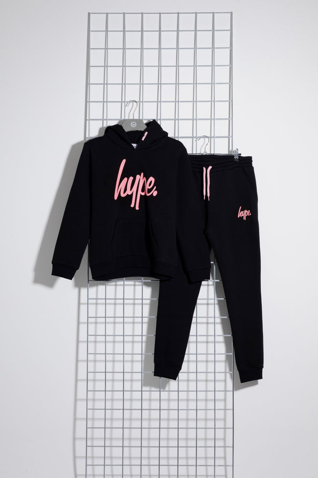 Hype Black With Pink Script Kids Hoodie & Jogger Set