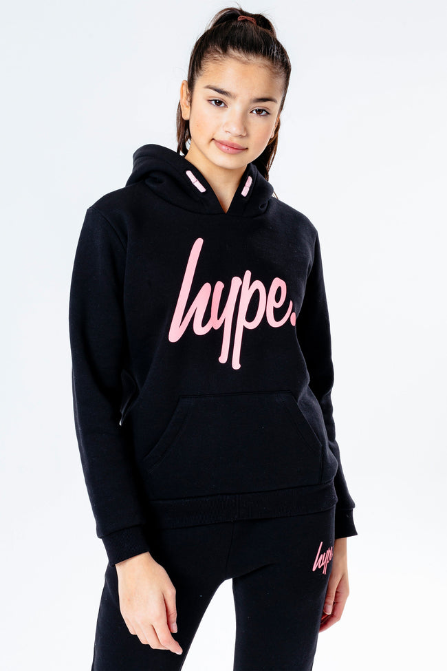 Hype Black With Pink Script Kids Hoodie & Jogger Set