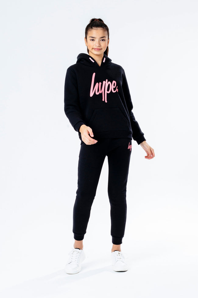 Hype Black With Pink Script Kids Hoodie & Jogger Set