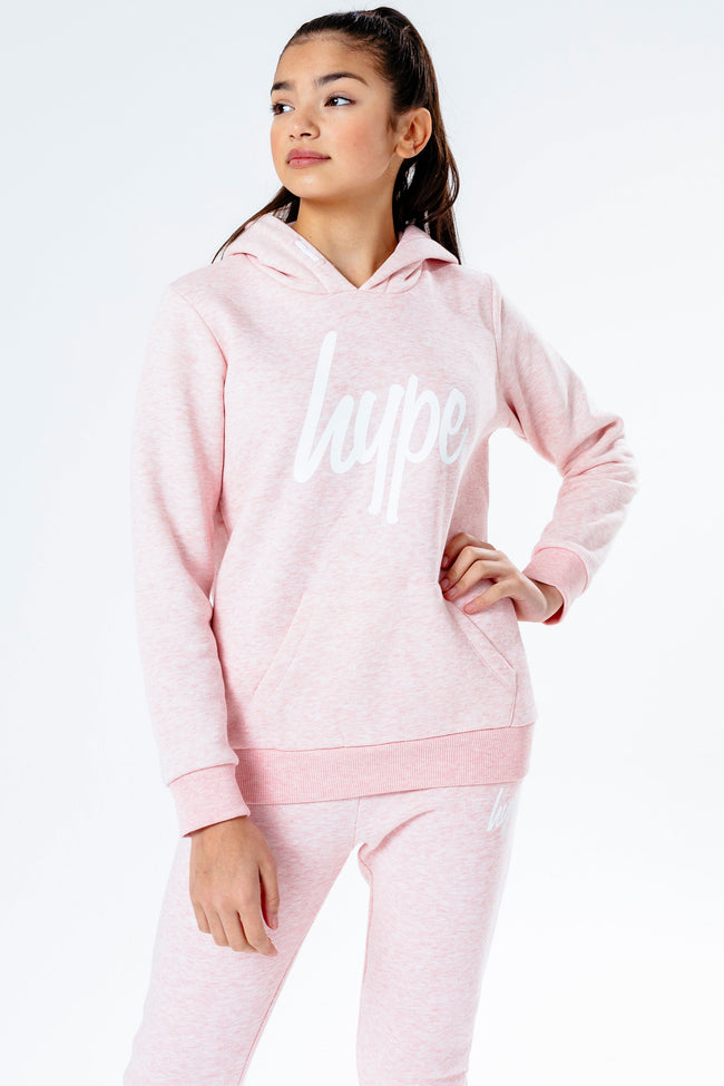 Hype Pink Melange With White Script Kids Hoodie & Jogger Set