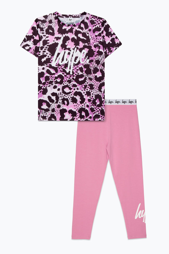 HYPE GIRLS PINK LEOPARD T-SHIRT AND LEGGINGS SET