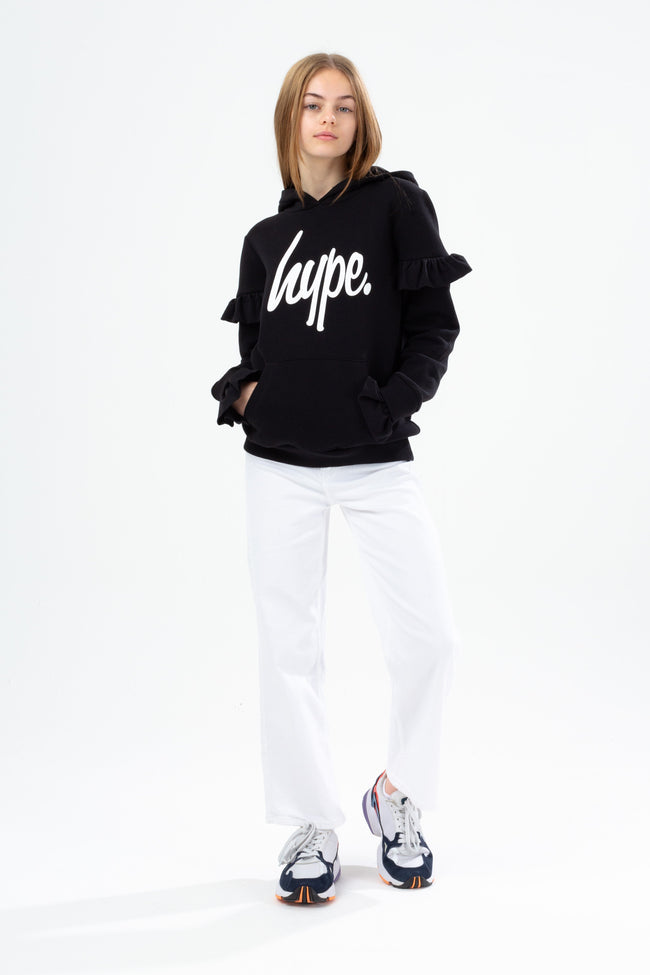 HYPE GIRLS BLACK SCRIPT FRILL HOODIE