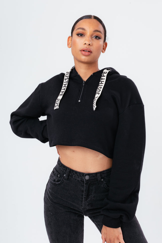 HYPE BLACK DRAPED SLEEVE QUARTER ZIP WOMEN'S PULLOVER HOODIE