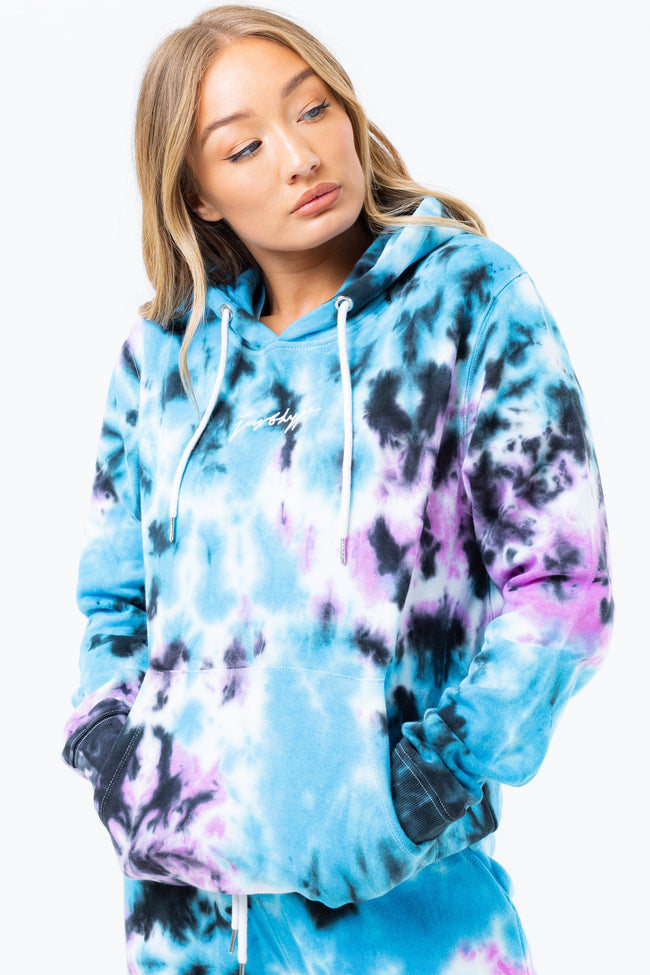 HYPE BLUE MULTI TIE DYE SCRIBBLE LOGO WOMEN'S PULLOVER HOODIE