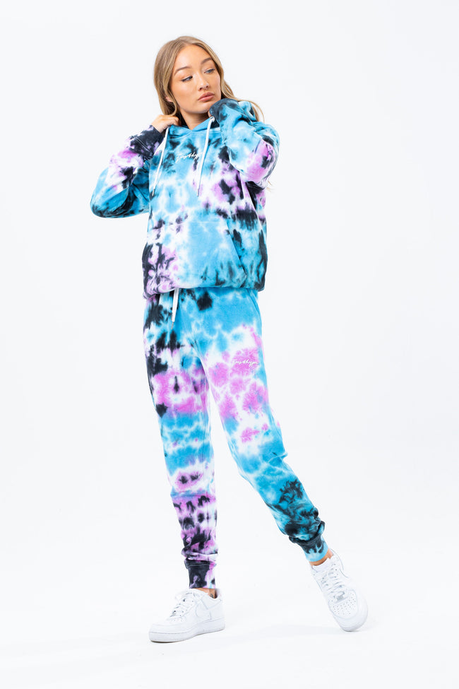 HYPE BLUE MULTI TIE DYE SCRIBBLE LOGO WOMEN'S PULLOVER HOODIE