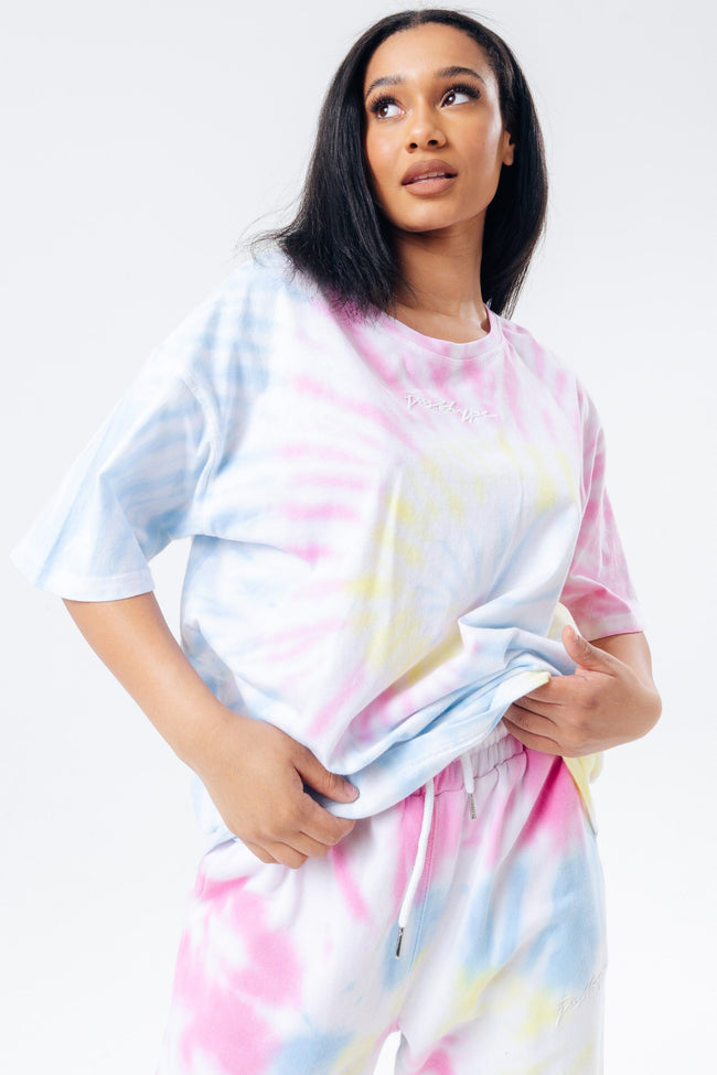 HYPE RAINBOW PASTEL TIE DYE SCRIBBLE LOGO WOMEN'S T-SHIRT