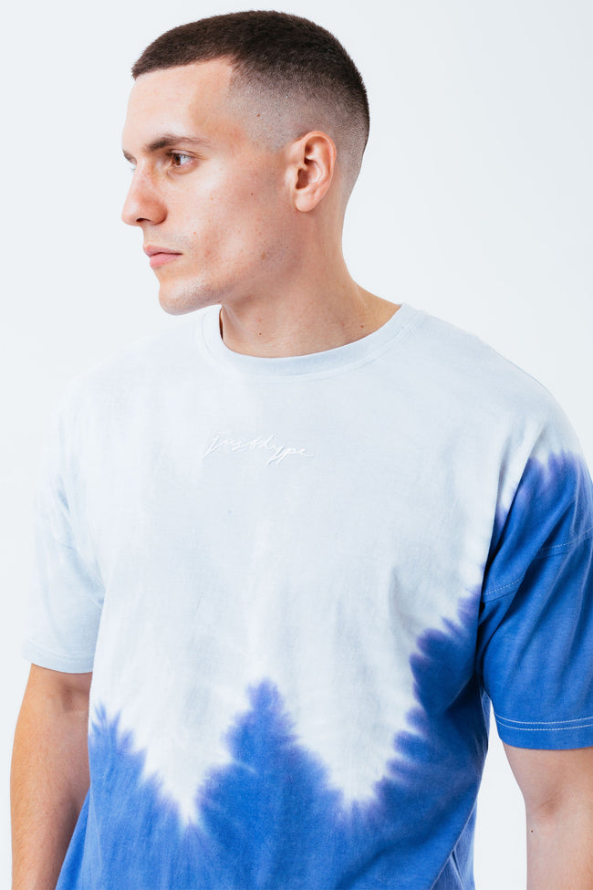 HYPE GREY NAVY TIE DYE SCRIBBLE LOGO MEN'S OVERSIZED T-SHIRT