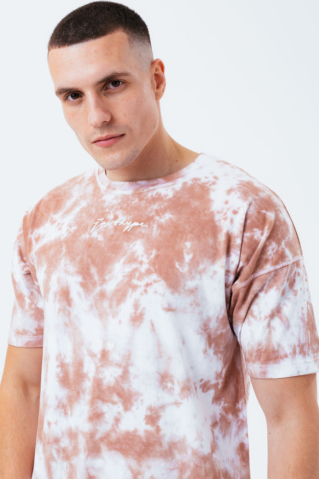 HYPE BEIGE TIE DYE SCRIBBLE LOGO MEN'S OVERSIZED T-SHIRT