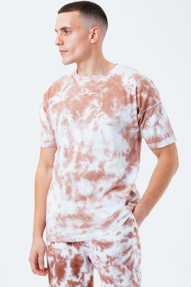 HYPE BEIGE TIE DYE SCRIBBLE LOGO MEN'S OVERSIZED T-SHIRT