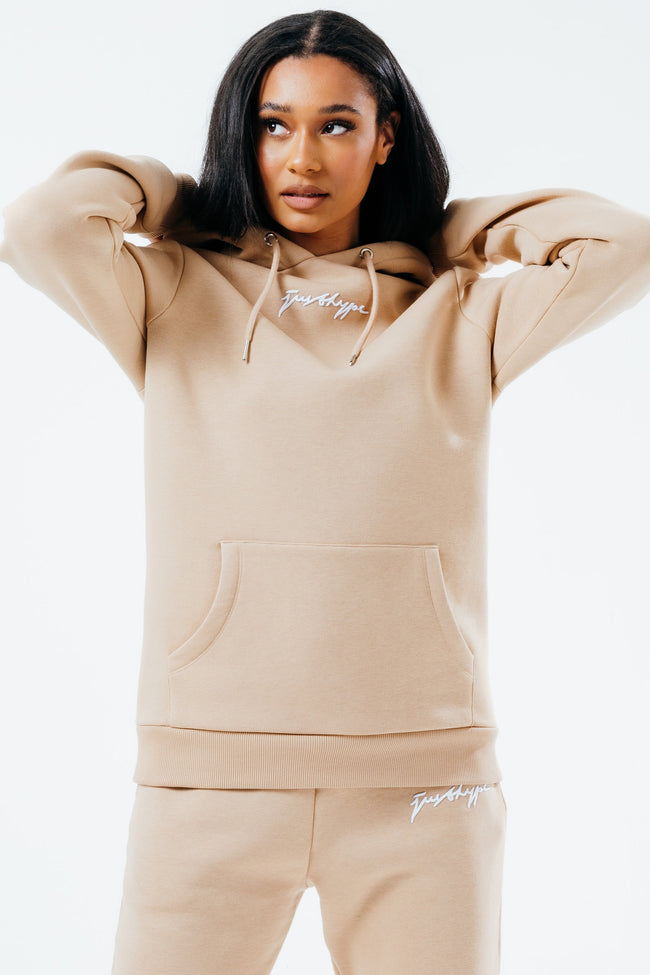 HYPE BEIGE SCRIBBLE LOGO WOMEN'S PULLOVER HOODIE