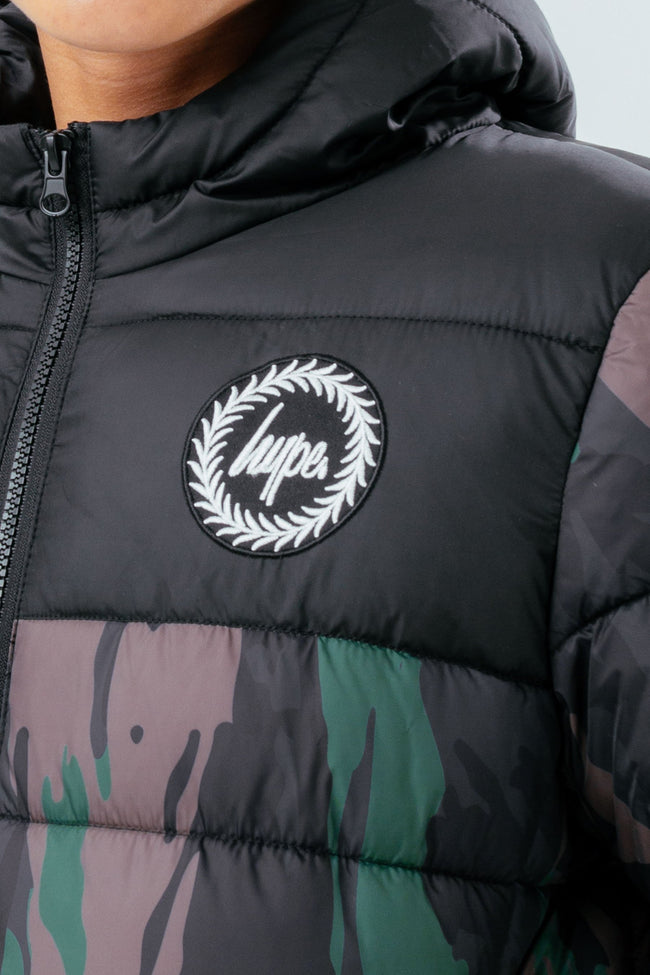 HYPE CAMO COLOUR BLOCK BOYS PUFFER JACKET